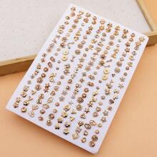100 Pairs Of Fashion Versatile Random Mixed Style Gold Plated Rhinestone Plastic Stud Earrings Set, Non-Boxed - Without Box - View 1