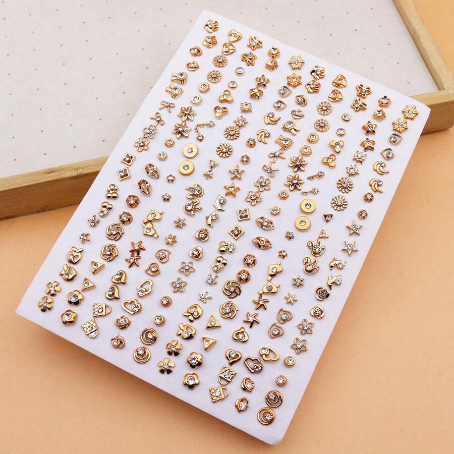 100 Pairs Of Fashion Versatile Random Mixed Style Gold Plated Rhinestone Plastic Stud Earrings Set, Non-Boxed - Without Box - View 1