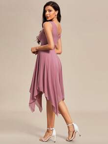 Solid Color V-Neck Asymmetric Hem Sleeveless Bridesmaid Adult Formal Dress - Dusty Pink - View 3