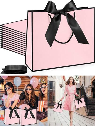 5个/1个横款牛皮纸礼品袋、购物袋、手提袋、蝴蝶结装饰手提袋、万圣节糖果袋、大号白色纸袋，适用于万圣节、感恩节、圣诞节、新年、婚礼、生日等场合的礼品包装