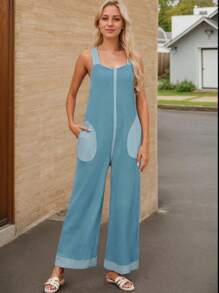 SANOPY Jumpsuits For Women,Jumpsuits For Women Dressy,Loose Knit Overalls With Color Contrast Pockets Sky Blue,Solid Color Casual - 淺藍色 - 查看 2