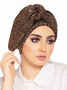 1pc European & American Style Women's Sequin Pleated Twist Headscarf Hat, Head Wrap Turban Hat With Metal Button For Dress - A - View 5