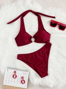 Bộ bikini 2 mảnh nghỉ dưỡng biển spa thanh lịch mới mùa hè 2026 dành cho nữ, thích hợp cho năm mới, ngày Valentine, lễ hội âm nhạc, đồ bơi đơn giản tối giản màu trơn co giãn, kiểu dáng rời, phù hợp cho kỳ nghỉ. - Màu Đỏ Sâu - Xem 3