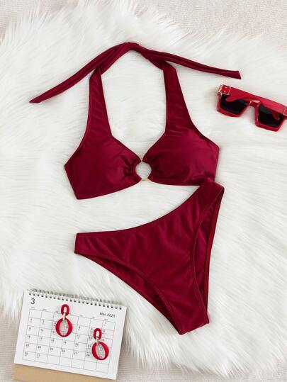 2026 Summer New Elegant Women's Beach Spa Resort Bikini 2-Piece Swimsuit, Suitable For New Year, Valentine's Day, Music Festival, Casual Minimalist Solid Color Elastic Separates Swimwear Vacation