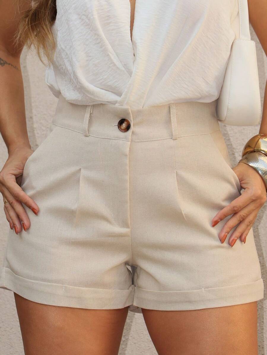 EMILI LLANA MODA Women's Linen Shorts Wood Button Simple Casual Zipper Pocket - Màu be - Xem 1