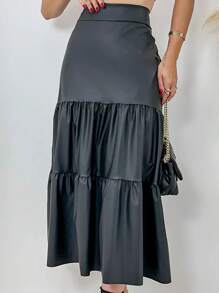 Women's Midi Skirt Three Marias Leatherette High Waist Luxury Fashion - 黑色 - 查看 3