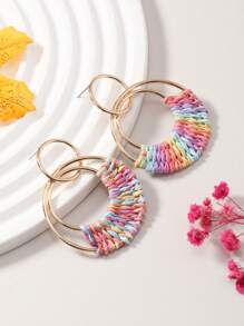1 Pair Bohemian Style Resort Rattan Round Earrings In Ivory White, Fuchsia, And Orange, Hand-Woven, Fashionable For Women, Suitable For Daily Wear