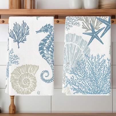 Bộ 2 khăn lau bếp, họa tiết sao biển, cá ngựa, san hô kiểu nông trại, thích hợp để rửa chén, lau tay, lau trà, cũng có thể dùng làm khăn lau bát đĩa, phù hợp cho nhà bếp, phòng ăn và bàn ăn.