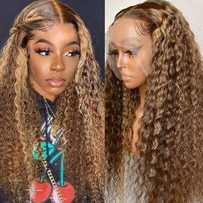 Highlight Curly Wigs 13x4 Lace Front Wig Human Hair Protein Mix Wigs P4/27 Piano Color 180% Density Fuller Hair Deep Wave Wig(Bob Wig 6inch)