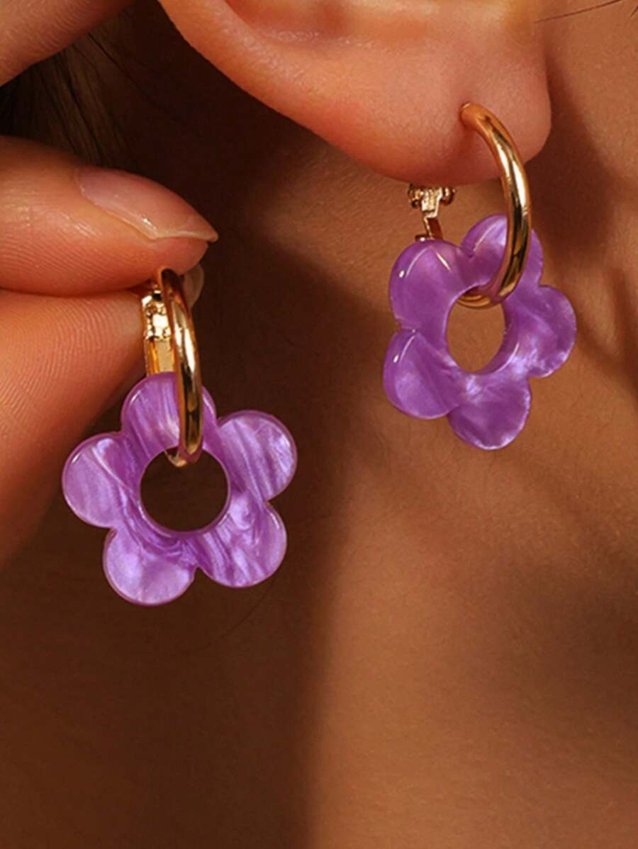 1 Pair Fashion Cute Purple Acrylic Five-Leaf Clover Dangle Earrings, Suitable For Women, Date, Party Gift