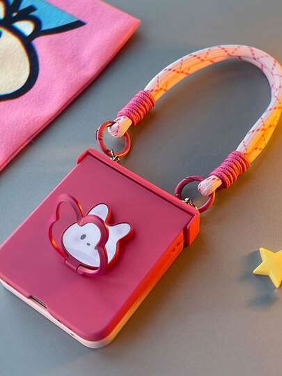 Funda de teléfono dura con gradiente rosa, soporte de anillo de conejo y correa de mano compatible con Samsung Galaxy Z Flip 5 6 Z Flip6 ZFlip 5 Zflip6 Zflip5, funda protectora para la parte posterior compatible con