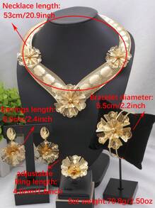 5pcs/Set Dubai Style 18K Gold-Plated Copper Materials Wedding Jewelry Set For Women, African Bride Necklace Bracelet Earrings Ring - Gold - View 7