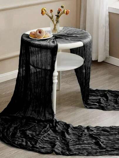 1pc/2pcs Black Pleated Table Runner, Transparent Rustic Cheesecloth Tablecloth, Folding Table Runner Tablecloth, Table Cover, Party Favor, Birthday Gifts For Birthday Decor, Wedding Decor, Holiday Babe Shower Decor Home Decor Party Decor Room Decor Table Decoration Kitchen Decor Table Cloth