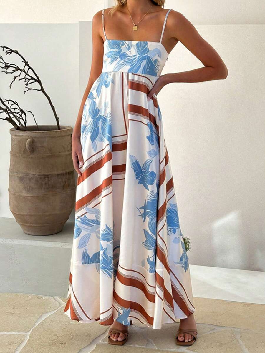 Women's Long Cami Dress Stripe/Dot Print Spaghetti Strap Backless A-Line Flowy Dress - Màu xanh lam - Xem 1
