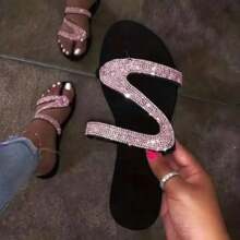 New Fashionable High-End Women's Rhinestone Design Slide Sandals - Pink - View 1