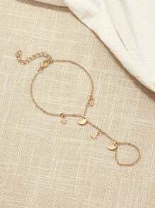 1pc Girls Star & Moon Beaded Finger Hand Chain Bracelet & Ring Set - Gold - View 2