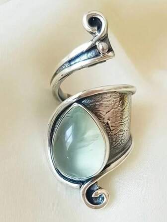 1pc Vintage Asymmetrical Stone Inlaid Adjustable Alloy Ring