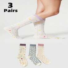 3 双心形和波尔卡圆点印花女士中筒休闲袜 - 彩色 - 查看 10