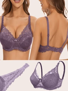 Women's Lace Lingerie Bra With Underwire, Lift And Support, Adjustable Back Closure, Sexy Semi-Sheer Purple, Summer - Purple - View 10