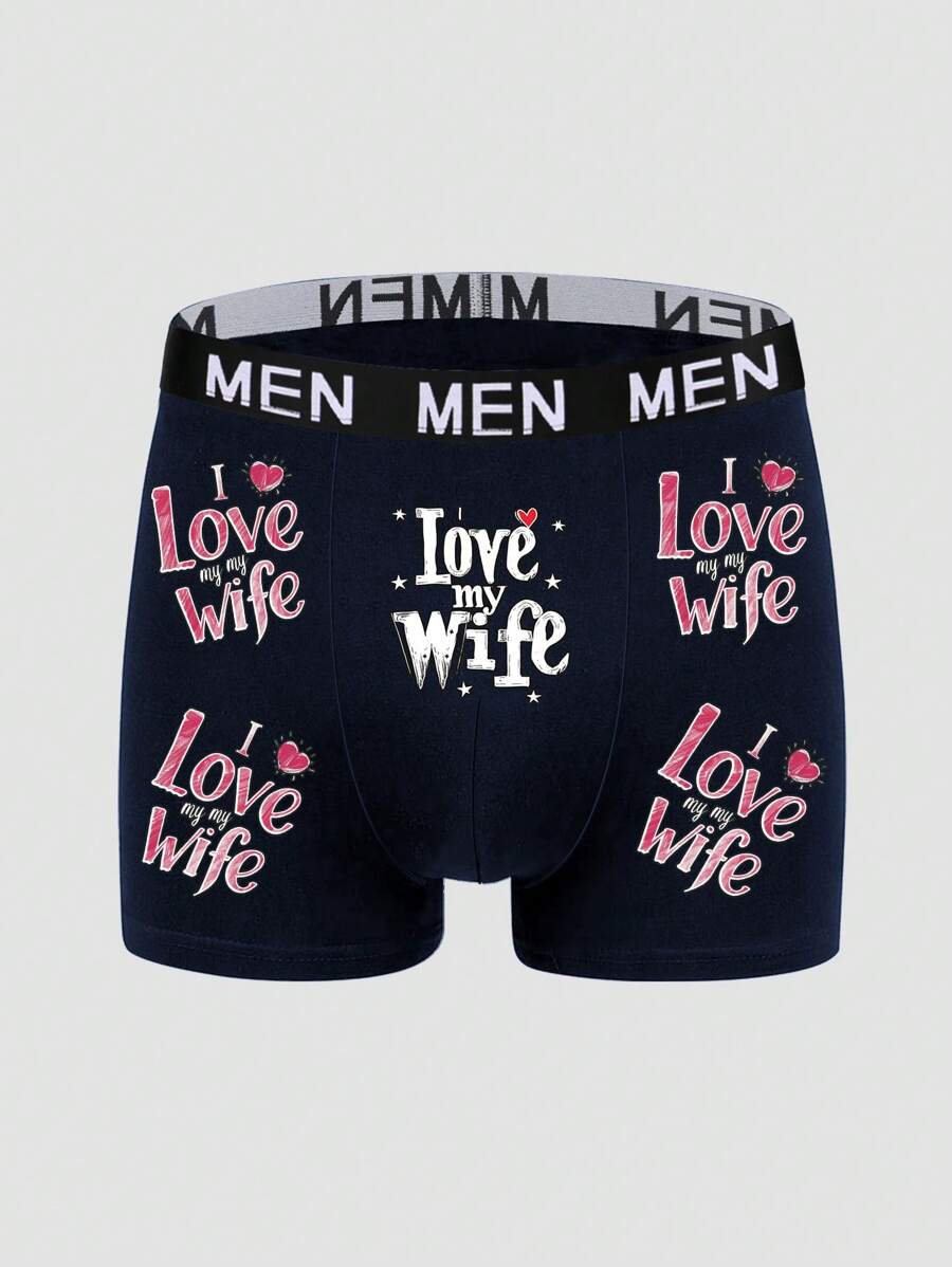 Men's Blue Modern Letter Print Heart Design Underwear, Thin Breathable Elastic Boxer Briefs, Casual & Fashionable - Blue - View 1