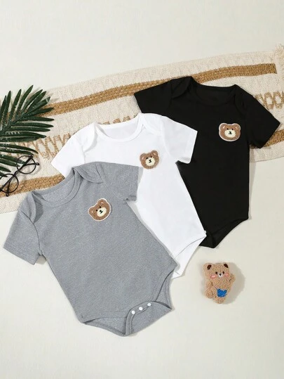 3 件套男婴短袖夏季服装，男婴熊印花连体衣，婴儿爬行服