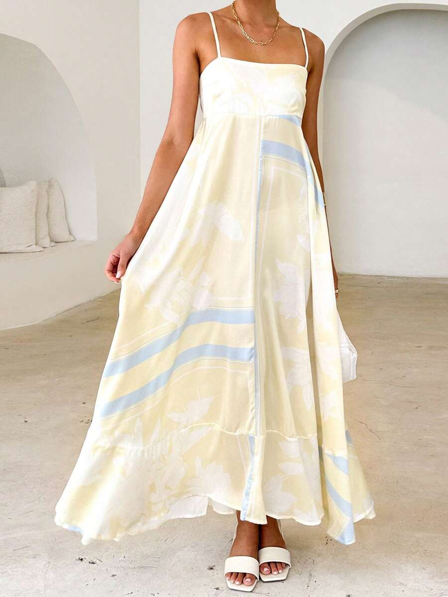 Women's Long Cami Dress Stripe/Dot Print Spaghetti Strap Backless A-Line Flowy Dress - 黃色 - 查看 1