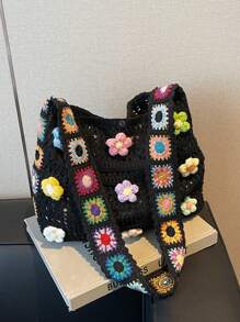 Dedoo Retro Hollow-Out Floral Contrast Color Casual Crossbody Bag(The Color Position Of Flowers Is Random)(The Color/Pattern Of Shoulder Strap Is Random)
