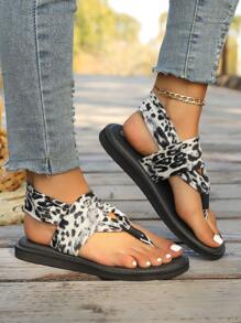Wide Fit Yoga Shoes Women's Platform Espadrilles Slippers, Lightweight Open Toe Non Slip Beach Slides Shoes, Casual Outdoor Sandals Leopard Print Flip Flops