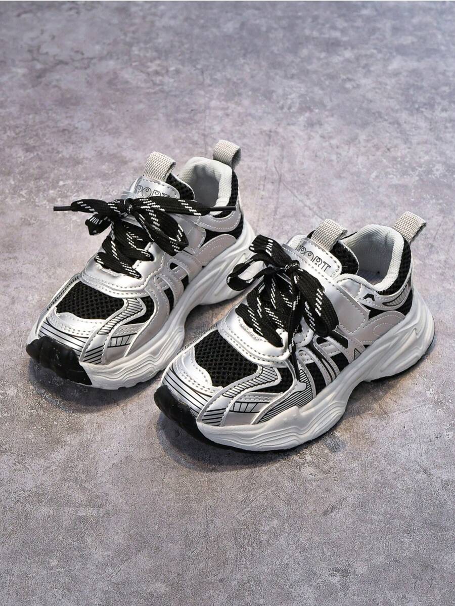 Nouvelles chaussures de sport décontractées pour enfants au printemps/automne, Baskets épaisses légères et , chaussures de sport rayées en maille antidérapantes pour garçons et filles