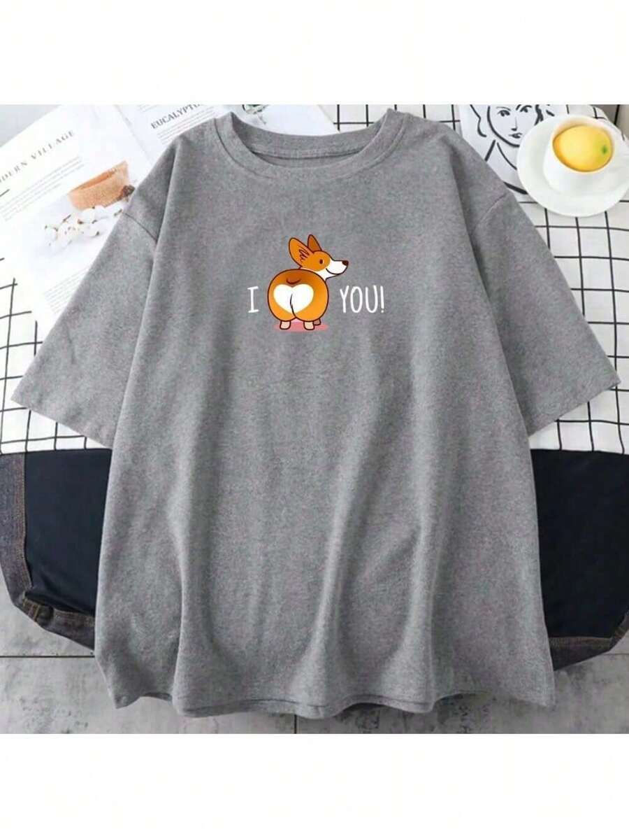 I Love You T-Shirt Cute Dog Shirt Blouse Unisex Men Women 100% Cotton Top Premium Streetwear New Release Various Colors!! Plus Size - 灰色 - 查看 1