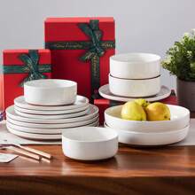 MALACASA 16-Piece Porcelain Dinnerware Set, Plates And Bowls For 4 People - White And Khaki