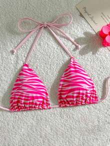 Sexy Deep V-Neck Tied Strap Striped Bikini Swimwear - Pink - View 4