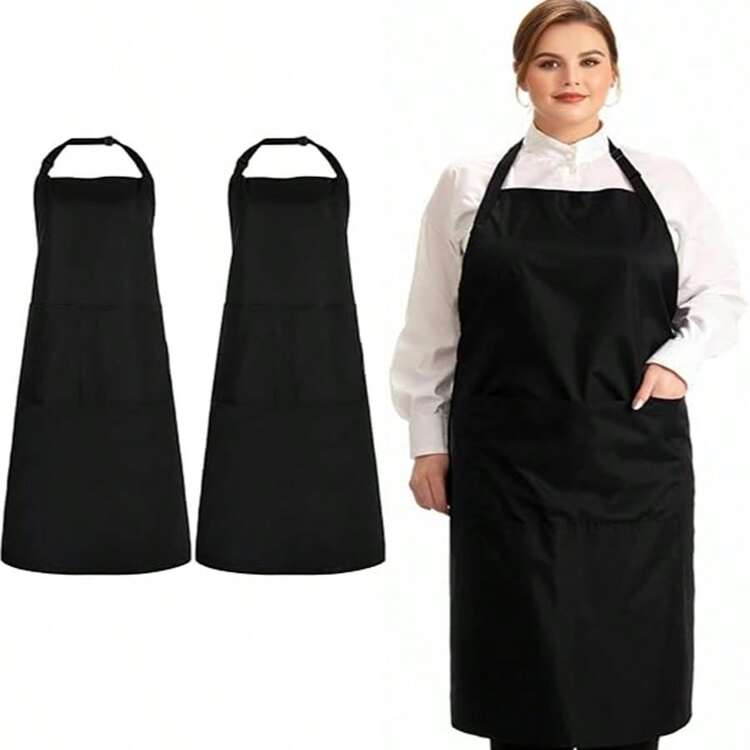 2pcs Set Plus Size Aprons, Extra Large Kitchen Aprons With 2 Pockets, Adjustable Black Aprons Suitable For Men And Women Cooking, Baking, Cleaning, Gardening, BBQ - Black - View 7