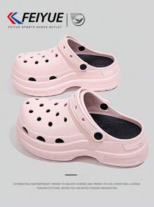 FEIYUE. 1 Pair Women's Pink Slip-On Perforated Shoes, Spring & Summer New Thick Sole Elevated Versatile Breathable Sandals, Suitable For Outdoor Activities, Hiking, Travel, Casual Wear