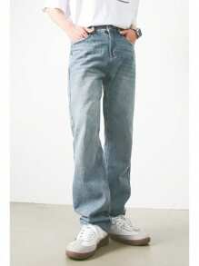 Jeans rectos de pierna con lavado de lejía para hombres, jeans de carga lisos y lavados de color azul claro sueltos, para regalos a esposo o novio