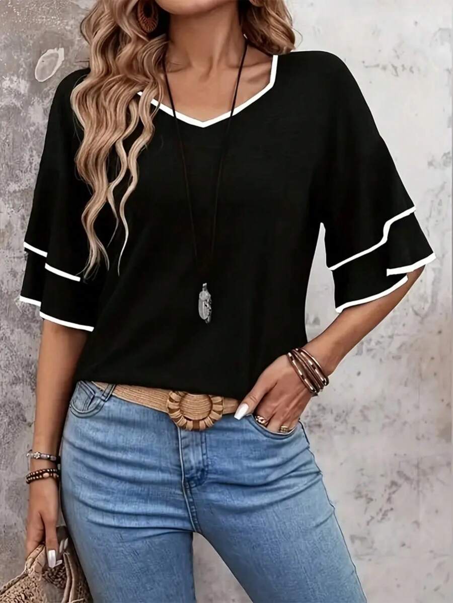 女士弹力V领T恤，休闲短袖，纯色，撞色滚边细节，黑色夏季款 - 黑色 - 查看 1