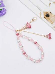 1 pieza Correa de muñeca decorada con flor de cristal de lujo y cuentas, muñequera corta con rhinestones para mujer, accesorio para teléfono, cámara, USB, llaves, estuche de teléfono, regalo para madre, familia, amigos, cumpleaños, vacaciones
