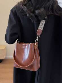 High-End Versatile Bucket Bag, Fashionable Solid Color Shoulder Bag, Retro Niche Design, Women's Shoulder Bag, Suitable For Work, Commuting, Daily Outings, Shopping And Dates - Brown - View 3