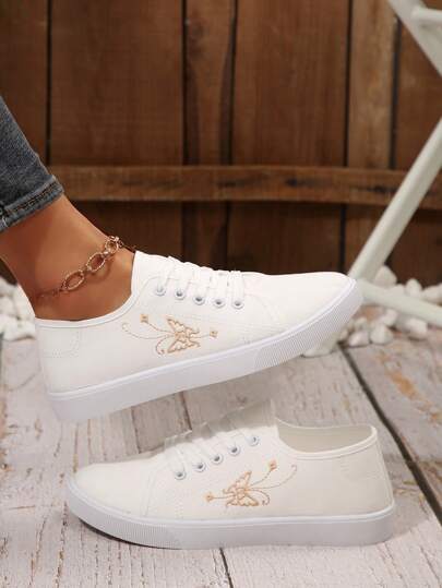 1 双女士防滑圆头帆布户外鞋，带优雅蝴蝶刺绣，舒适轻便平底软底休闲运动鞋，适合全天穿着