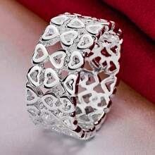 خاتم قلب كامل مطلي بالفضة الإسترليني 925 للنساء، مناسب للزفاف والخطوبة والحفلات، مجوهرات أنيقة - فضي - مشاهدة 4