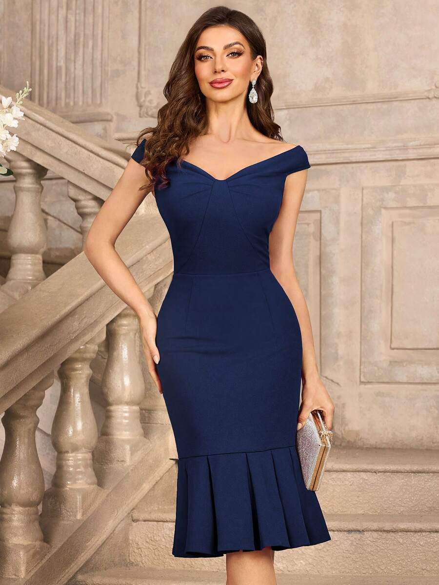 MIUSOL 复古纯色 V 领蝴蝶结美人鱼下摆鸡尾酒会修身连衣裙、婚礼宾客连衣裙