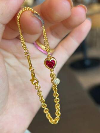 1 件心形手链，2025 年新款奢华精致链条，带红色心形，时尚优质个性化珠宝