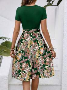 Vestido elegante informal de corte A con estampado de bloques de color para mujer,Vestidos de mujer - Verde - Ver 4