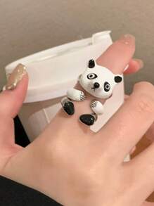 Set de 3 anillos/Anillo abierto de panda de dibujos animados lindo, set de anillos de muñeca de animal lindo, anillo desmontable creativo - Blanco y Negro - Ver 3
