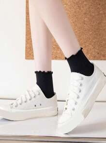 1/3/6 Pairs Women Ruffle Trim Socks, Thin Solid Color Mid-Calf Socks, Breathable Moisture-Wicking, Spring/Summer