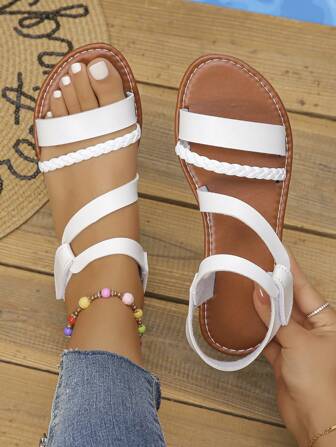 Women's Woven Embellished Flat Sandals, Casual Hook And Loop Sandals