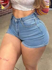 新款欧美中腰性感提臀卷边弹力牛仔短裤 - 中等水洗藍 - 查看 2