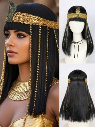 女士埃及风黑色中长直发角色扮演假发，配有蛇头配饰，适合派对装扮、女王造型、复古电影角色发型、复古俏皮主题。18英寸黑色合成直发假发，带齐刘海，适合节日、嘉年华、音乐会、摄影、动漫展、圣诞节、新年装饰，外观自然，适合初学者。