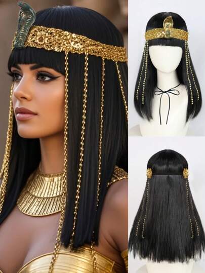 女士埃及风黑色中长直发角色扮演假发，配有蛇头配饰，适合派对装扮、女王造型、复古电影角色发型、复古俏皮主题。18英寸黑色合成直发假发，带齐刘海，适合节日、嘉年华、音乐会、摄影、动漫展、圣诞节、新年装饰，外观自然，适合初学者。
