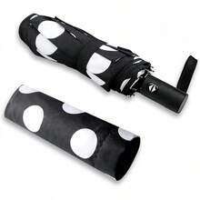 NPCQUN Travel Essentials - Paraguas resistente al viento, compacto, plegable, automático, fuerte y portátil, resistente al viento, plegable pequeño paraguas para lluvia - Negro (Lunares Negros) - Ver 3